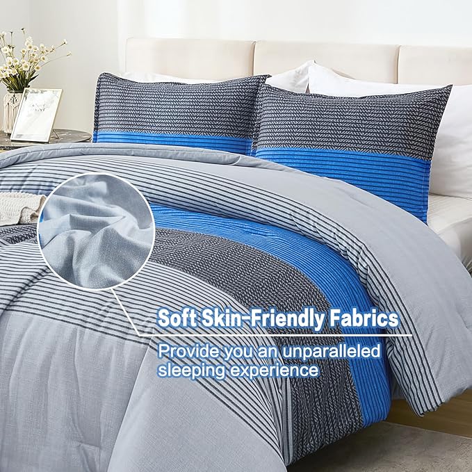 Litanika Blue California King Comforter Set - 3 Pieces Cal King Oversized Lightweight Summer Gray Blue Colorblock Stripe Bedding Set (104x96In, 2 Pillowcases)