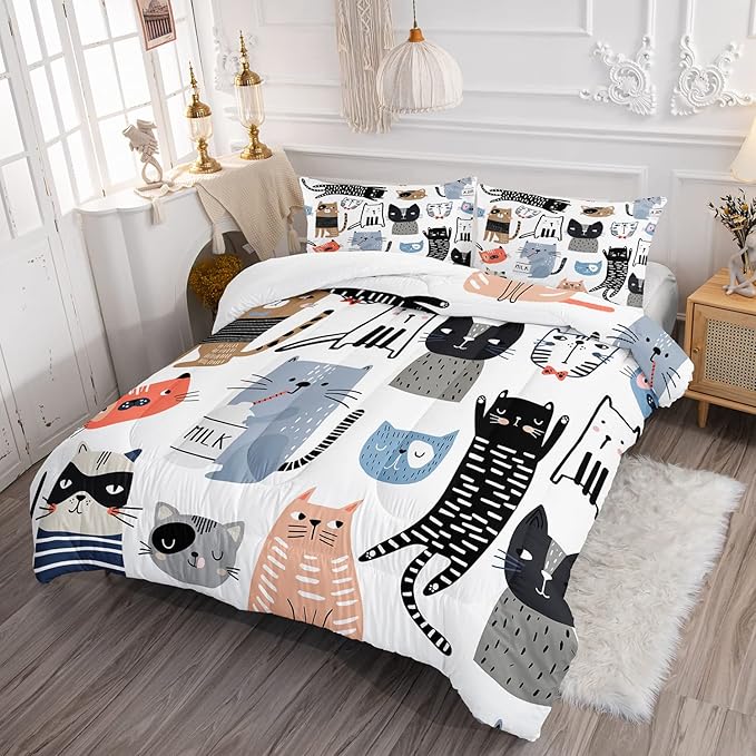 CVHOUSE Cat Bedding,Cartoon Cat Comforter King,Animals Print Comforter Set for Kids,Kawaii Quilt Set with 1 Comforter and 2 Pillow Cases
