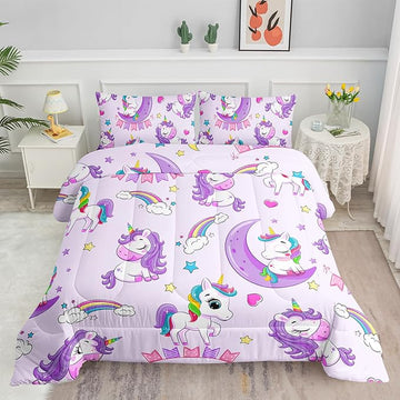 Axolotl Purple Unicorn Comforter Set Full Size,Girls Bedding Set,Cute Unicorn Rainbow Bedding Set with Stars for Kids Girls Teens Adults Women,1 Comforter with 2 Pillowcase Unicorn Gifts for Girls