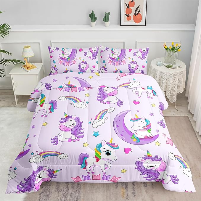 Axolotl Purple Unicorn Comforter Set Twin Size,Girls Bedding Set,Cute Unicorn Rainbow Bedding Set with Stars for Kids Girls Teens Adults Women,1 Comforter with 2 Pillowcase Unicorn Gifts for Girls