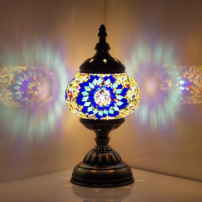 Turkish Moroccan Lamp Mosaic Stained Glass Lamp Bohemian Tiffany Style Bedside Lamps (Blue Multi-colored)