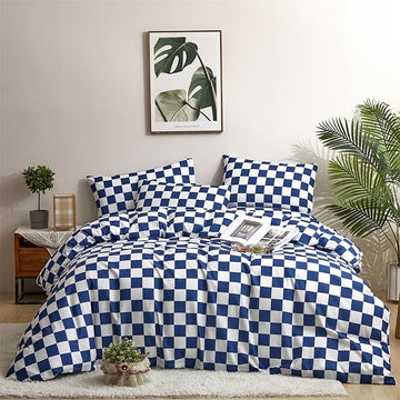 Wellboo Blue White Plaid Comforter Sets California King Diamond Royal Blue and White Checkerboard Grid Bedding Comforters Cal King Cotton Modern Jewelry Blue Checkered Geometric Quilts Sapphire Bed