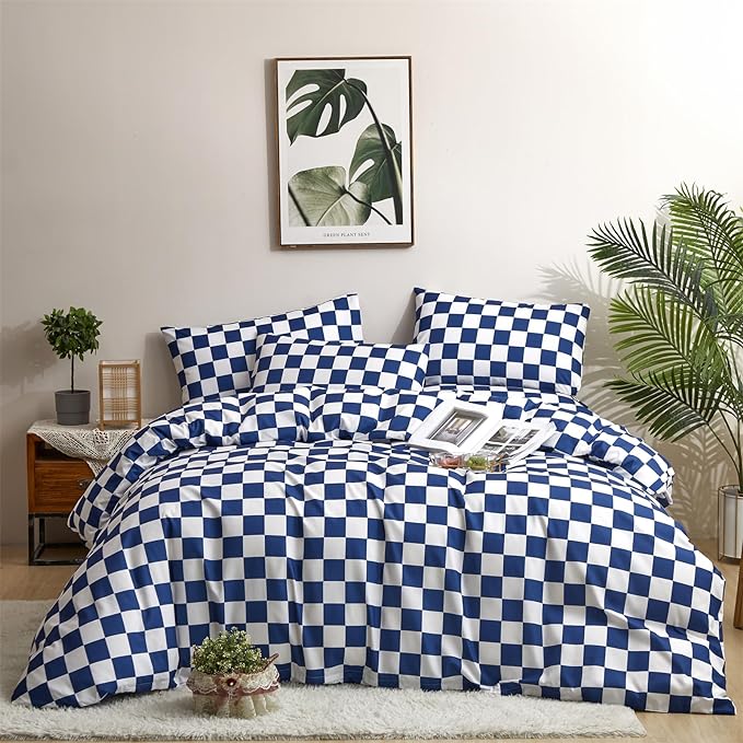 Wellboo Blue White Plaid Comforter Sets California King Diamond Royal Blue and White Checkerboard Grid Bedding Comforters Cal King Cotton Modern Jewelry Blue Checkered Geometric Quilts Sapphire Bed