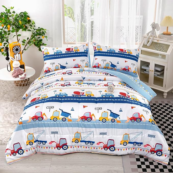 Cartoon Car Kids Comforter Set Full,Construction Bedding Set Equipment Trucks Comforter Excavator Tractor Quilt Set with 1 Comforter 2 Pillowcases for Boys Girls Teens Adults Bedroom Decor(Blue Red)