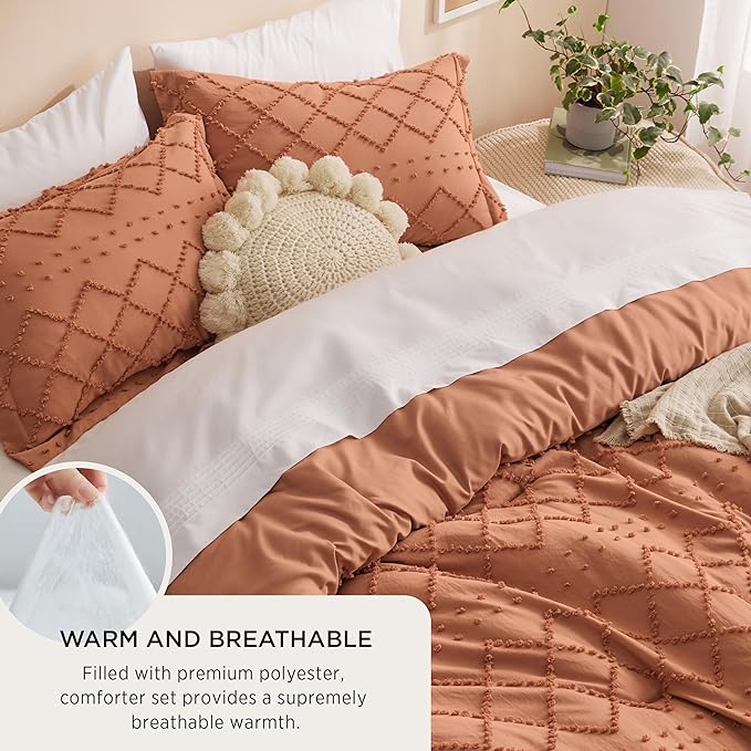 Bedsure Twin/Twin XL Comforter Set - Pumpkin Boho Twin Extra Long Comforter Set for College, Shabby Chic Dorm Bedding Set, 2 Pieces Modern Farmhouse Bed Set, includes 1 Pillow Sham