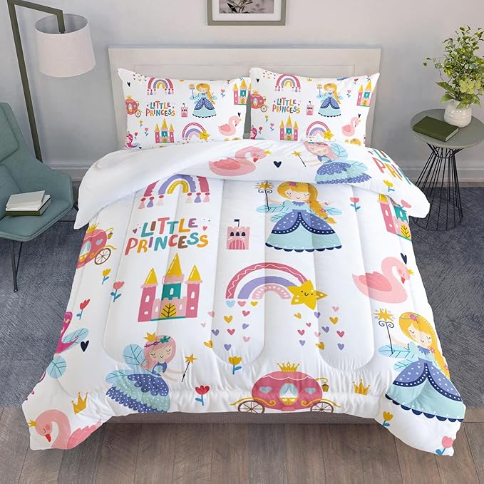 Datura home Girls Bedding Comforter Set Little Princess and Rainbow Castle Printed Pattern Quilt Bedding Set with 1 Comforter and 2 Pillowcases for Girls Bedroom All Season(Princess Twin)