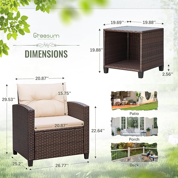 Greesum 3 Pieces Patio Furniture Sets Outdoor PE Rattan Wicker Chairs with Soft Cushion and Glass Coffee Table for Garden Backyard Porch Poolside, Beige