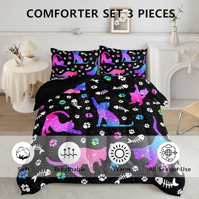 Cute Cat Comforter Kids Bedding Set Queen,3Pcs Soft Paw Fish Bone Print Quilt Set Bed in A Bag with 1 Comforter 2 Pillowcases for Kids Boy Girls Teens Adults Room Decor All Season Gradient Purple Blue