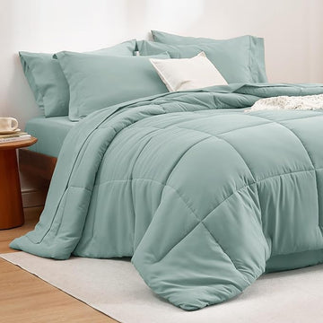 Bedsure Sage Green Twin Comforter Set - 5 Pieces Solid Twin Bed in a Bag, Twin Bed Set Sage Green with Quilted Warm Fluffy Comforters, Sheets, Pillowcase & Sham