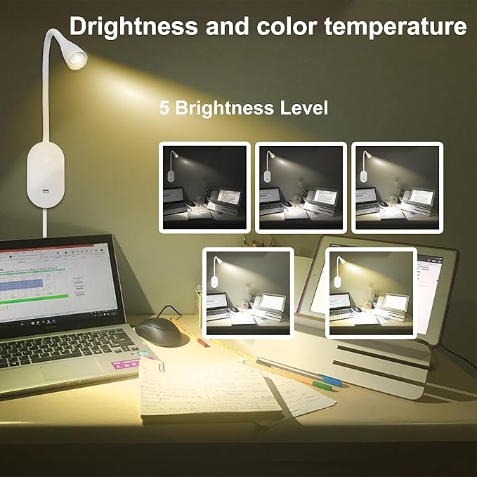 QinYing Reading Lights for Books in Bed, Wall Mounted Book Light for Reading in Bed, USB Charging 5 Dimming Levels Headboard Reading Lamp, Touch Control LED Flexible Gooseneck 4000k Bed Lights, White