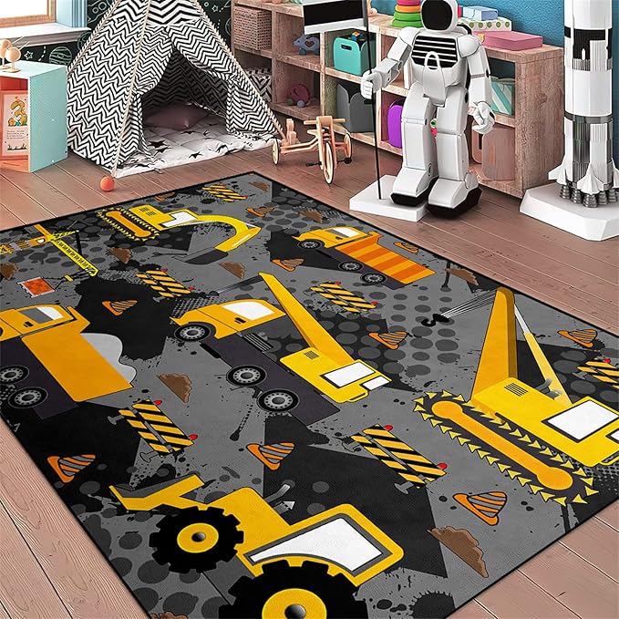 Construction Rugs for Boys Room Play Rug for Cars and Trucks Car Rug Play Mat Kids Rugs for Playroom Car Rug for Boys Room Construction Decor for Boys Room,Grey 4'×5'