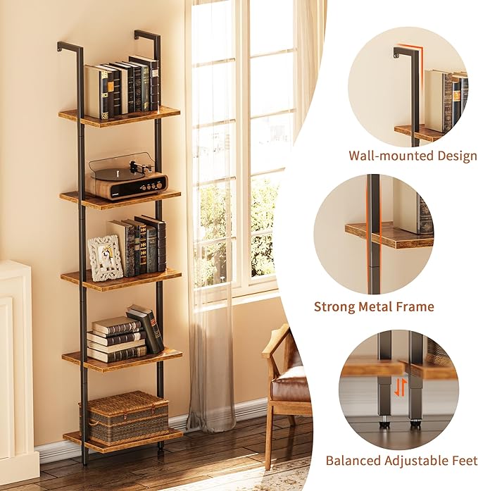 SUPERJARE 5 Tier Bookshelf, Narrow Book Shelf with Open Display Shelves, Small Bookcase with Metal Frame for Bedroom, Living Room, Rustic Brown