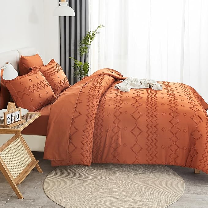 EMME Queen Comforter Set - 7 Pcs Pumpkin Boho Bedding Sets, Full Size Tufted Comforter with Sheets, Shabby Chic Embroidery Queen Bed Set Fluffy Bed Bag for All Season(90"X90")