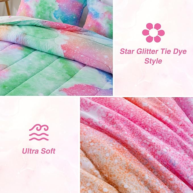 A Nice Night Galaxy 6pcs Kids Bed in a Bag Outer Space Comforter 3D Printed Space Quilt Set Glitter Pink Green Color,for Children Boy Girl Teen Kids,Twin