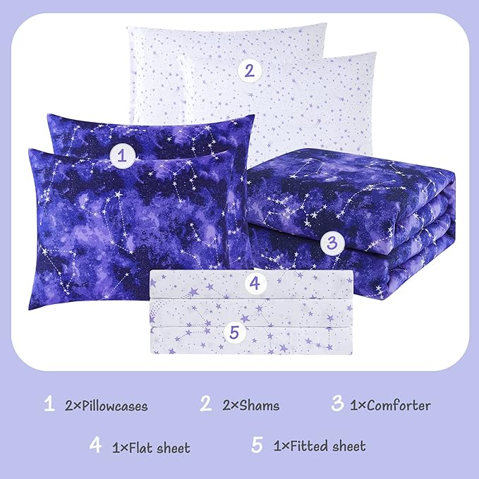 KALEIDOSPACE Full Size Comforter Sets - Bedding Sets Full 7 Pieces, Glow in The Dark Bed in A Bag Full, Lightweight Galaxy Bedding Sets for Kids, Teens, Women & Men
