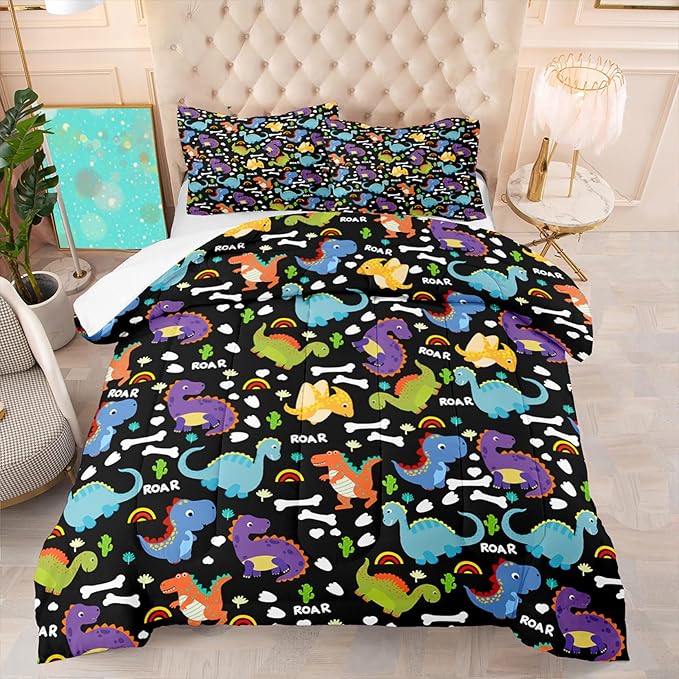 Dinosaur Comforter Set Queen - Cartoon Dinosaur Bedding Boys Comforter Set Soft Breathable Dinosaur Quilt Kids Queen Size Bedding Set for All Season, 1 Comforter 2 Pillowcase