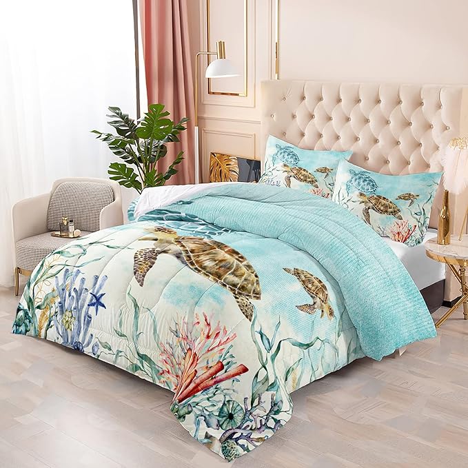 CVHOUSE Sea Turtle Comforter Set,Ocean Watercolor Sea Turtle Bedding Set for Kids Teens,Ocean Sea Turtle Comforter Sea Turtle Duvet Set Room Decor Quilt Set Full Size