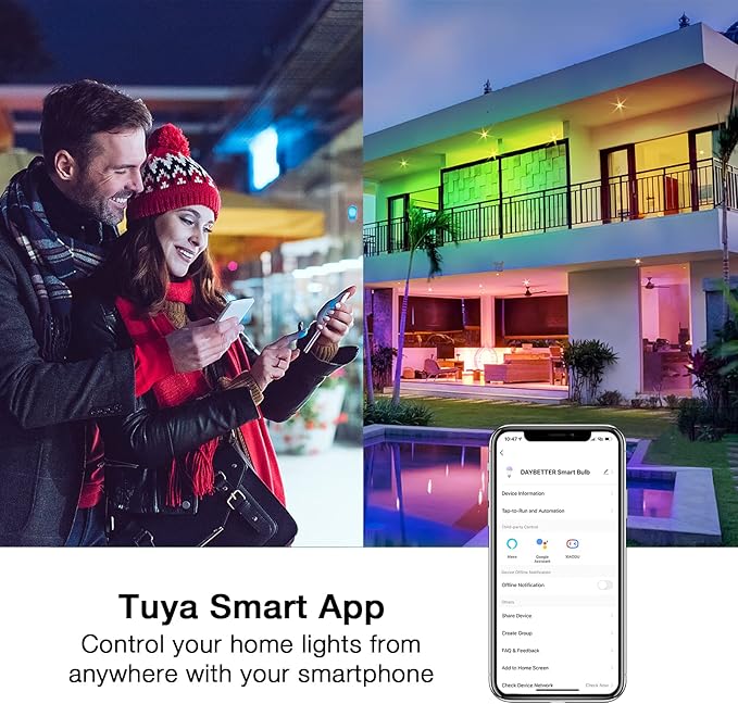 DAYBETTER Tuya Smart Light Bulbs, RGBCW WiFi Color Changing Led Bulbs Compatible with Alexa and Google Home Assistant, A19 E26 9W 800LM Multicolor Led Light Bulb, No Hub Required, Light Bulbs 12 Pack