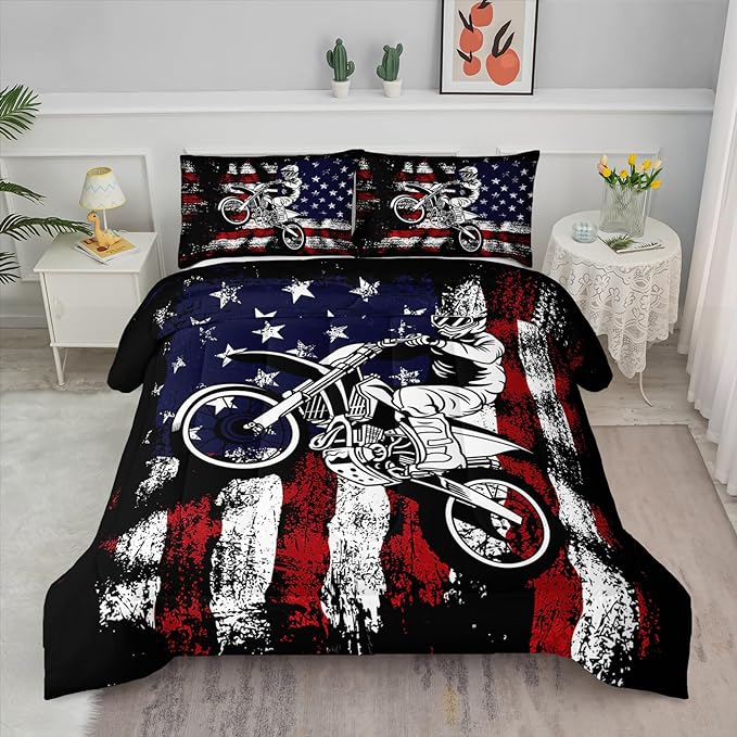 Axolotl Dirt Bike Comforter Set Twin,American Flag Bedding Set,Motocross Comforter Set,White Red Stripes Stars Comforter Set,Motorcycle Racer Comforter for Boys Kids Teens Men,1 Quilt 2 Pillowcases