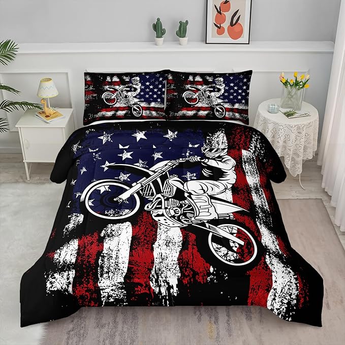 Axolotl Dirt Bike Comforter Set Full,American Flag Bedding Set,Motocross Comforter Set,White Red Stripes Stars Comforter Set,Motorcycle Racer Comforter for Boys Kids Teens Men,1 Quilt 2 Pillowcases