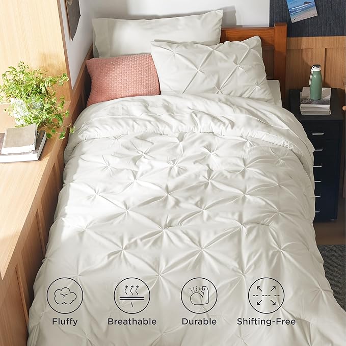 Bedsure Twin XL Comforter Set - Extra Long 5 Pieces Dorm Bedding Sets, Pinch Pleat Ivory Bed in a Bag with Comforter, Sheets, Pillowcase & Sham