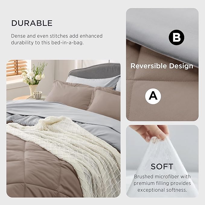 Bedsure Taupe King Size Comforter Set - 7 Pieces Reversible King Bed in a Bag King Bed Set with Comforters, Sheets, Pillowcases & Shams, King Bedding Sets