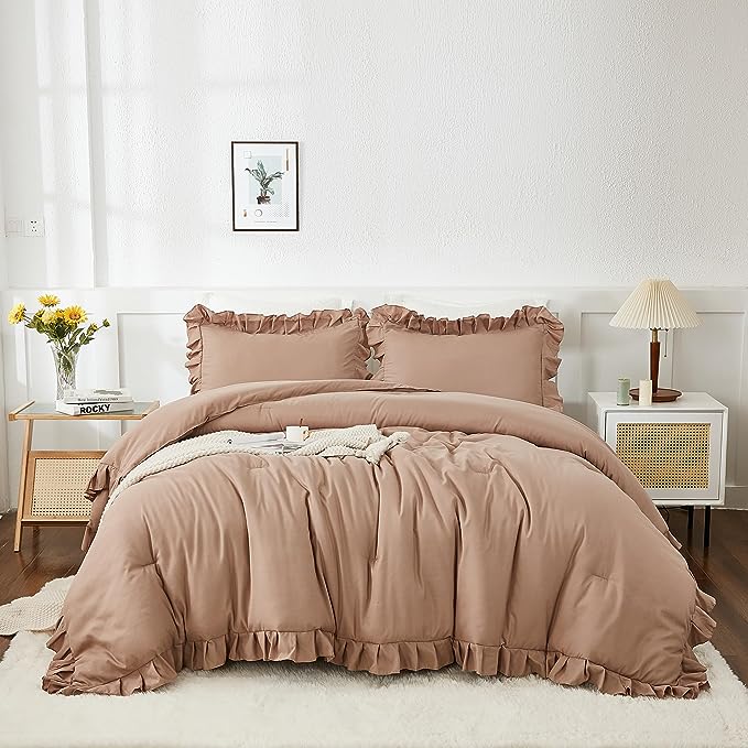 Andency Taupe Twin Size Comforter(66x90Inch), 2 Pieces(1 Ruffle Comforter and 1 Pillowcase) Solid Farmhouse Shabby Chic Comforter, Lighteweight and Soft Microfiber Bedding Set