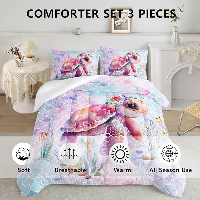 Axolotl Turtle Bedding Set Twin,Colorful Underwater World Comforter Set for Kids Boys Girls Teens,Ocean Comforter Set with Jellyfish,Kids Bedding Set Print Colorful Fish Scales,1 Quilt 2 Pillowcases