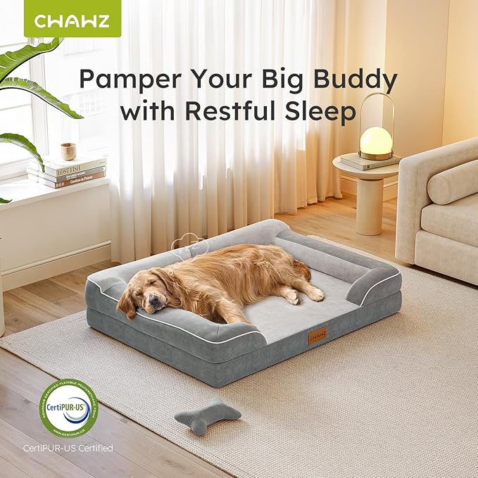 Dog Beds for Large Dogs, Orthopedic Dog Bed with Cooling Gel Memory Foam, Waterproof Large Dog Bed with Removable Washable Cover, 36" Dog Sofa Couch Dutch Velvet with Bone Toy, Light Gray