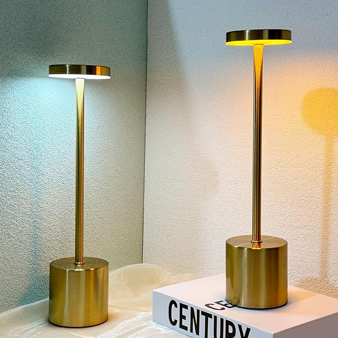 2 Pack Cordless Table Lamp Rechargeable 5000mAh Battery Operated Portable LED Desk Lamp 3 Color Temperature Stepless Dimming for Bedroom Restaurant Coffee Shop Party (Gold)