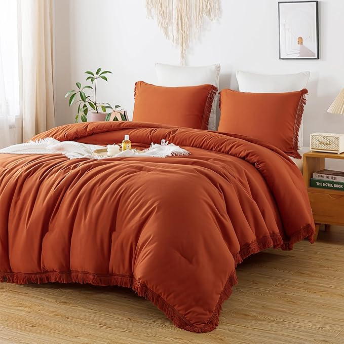 Andency Twin Comforter Set Burnt Orange, 2 Pieces Terracotta Boho Tassel Kids Comforter Sets for Boys Girls Teens, All Season Rust Soft Bed Set (66x90In Comforter & 1 Pillowcase)
