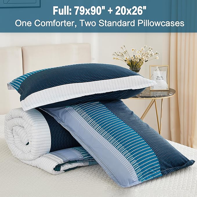 Litanika Navy Blue Comforter Full Size Set, 3 Pieces Bedding Set, Blue White Colorblock Stripe (79x90In Comforter & 2 Pillowcases)