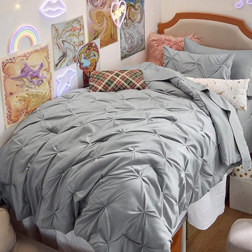 Bedsure Twin Comforter Set with Sheets - 5 Pieces Bedding Sets, Pinch Pleat Grey Bed in a Bag with Comforter, Pillowcase & Sham