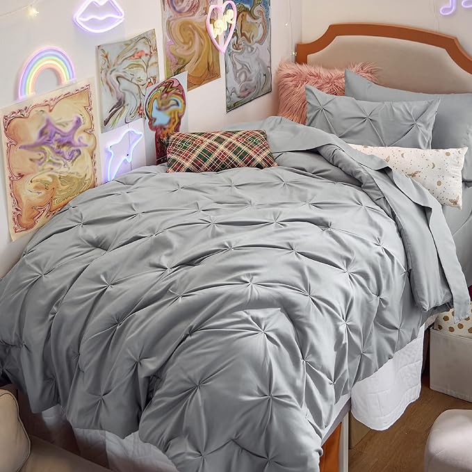 Bedsure Twin Comforter Set with Sheets - 5 Pieces Bedding Sets, Pinch Pleat Grey Bed in a Bag with Comforter, Pillowcase & Sham
