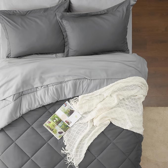 Bedsure Dark Grey Queen Comforter Set - 7 Pieces Reversible Queen Bed in a Bag, Queen Bed Set Dark Grey with Comforters, Sheets, Pillowcases & Shams