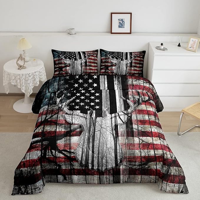 Feelyou American Flag Deer Antlers Bedding Set Hunting Camping Comforter Set for Kids Boys Girls USA Flag Comforter Tree Branch Inner Fill Duvet Set 1 Comforter Set with 2 Pillowcases Queen Size