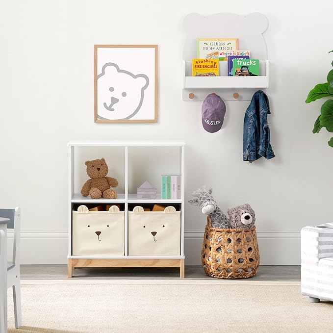 Delta Children babyGap Oxford 6-in-1 Convertible Crib + Brannan Bear Bookcase with Bins + Brannan Bear Wall Shelf with 4 Hooks, Bianca White/Natural (Bundle)
