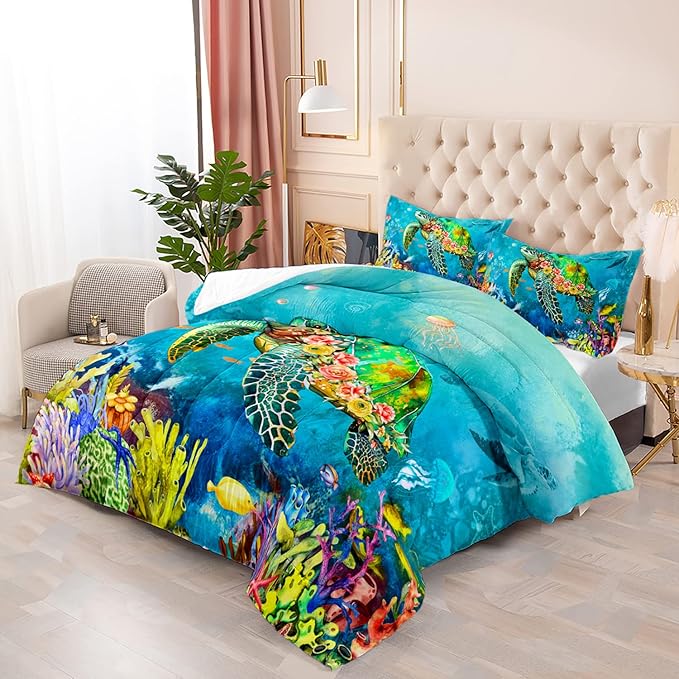Kids Turtle Rose Comforter Set Queen Beach Theme Jellyfish Starfish Bedding Set Sea Animal Reptile Bed Set with 2 Pillowcases for Boys Girls Room Decor