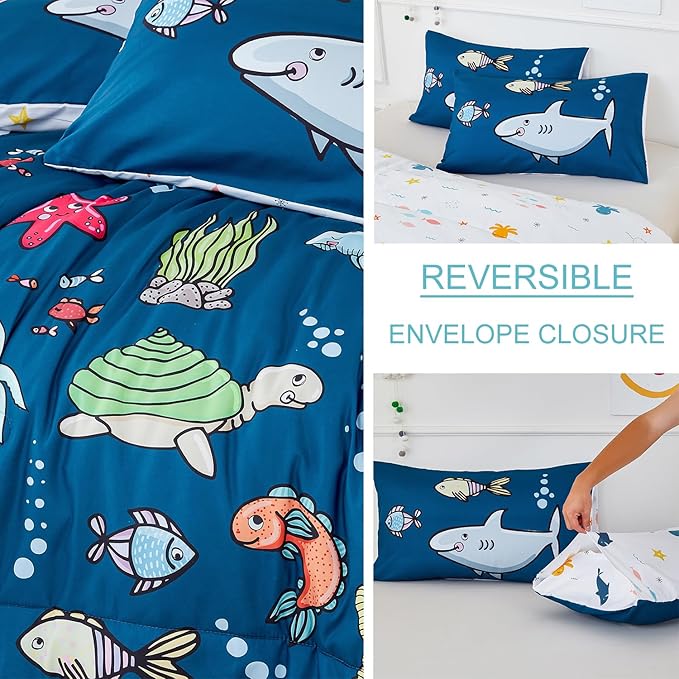 WINLIFE Shark Twin Comforter Set for Boys Blue Ocean Theme Printed Bedding Set, Super Soft and Easy Wash Reversible Kids Bed Set 1 Comforter 2 Pillowcases (3-Pieces, Twin)