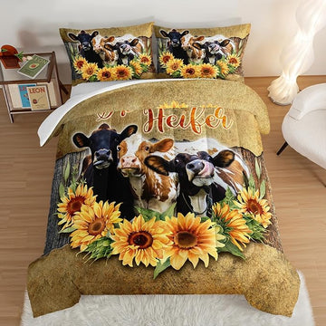 HOSIMA Farmhouse Animal Cow Comforter Western Bedding Sets,Kids Sunflower Comforter Twin Bed in a Bag for Girls Boys,Cow Print Bedding Room Decor,Floral Comforter Set with 2 Pillowcases.
