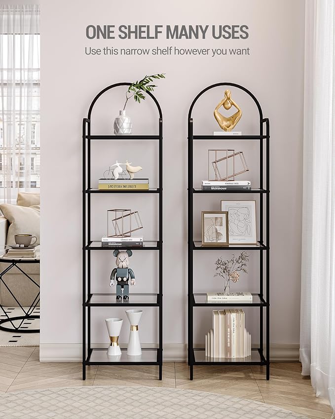 Bookcase Bookshelf, Tempered Glass Bookshelves, Slim Shelving Unit for Bedroom, Bathroom, Home Office, Steel Frame, 5 Tier Black BC05001B