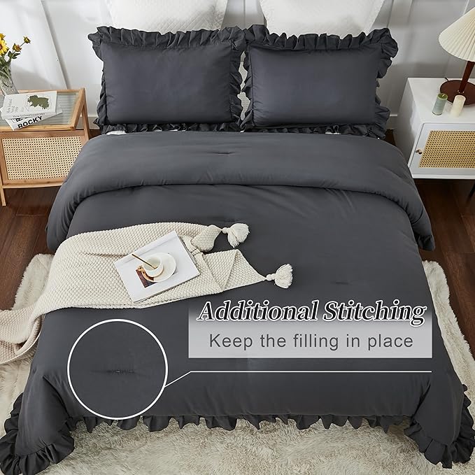 Andency Dark Gray King Comforter Set(104x90Inch), 3 Pieces(1 Ruffle Comforter and 2 Pillowcases) Lightweight and Fluffy Bedding Comforter Set, All Season Soft Microfiber Shabby Chic Bedding Set
