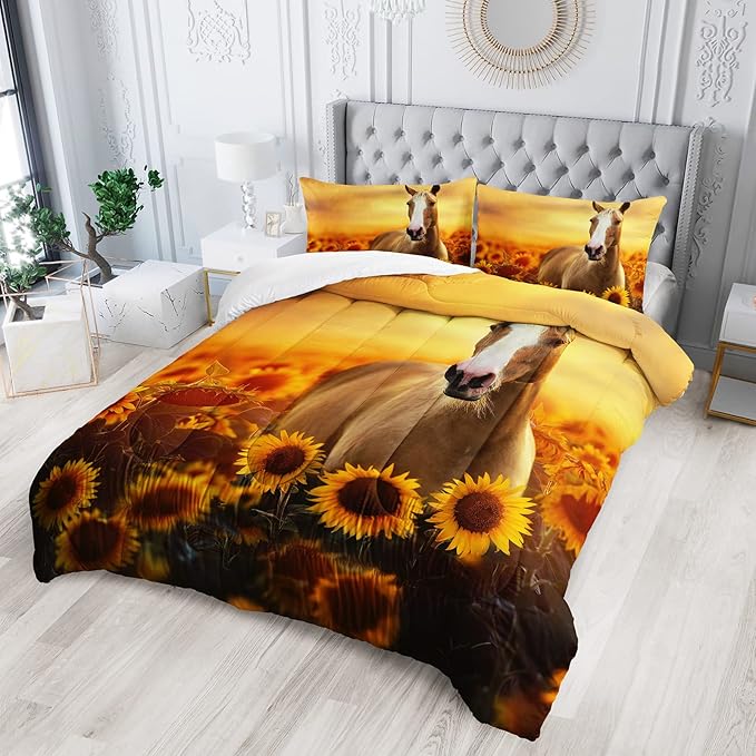Horse Comforter Queen Size,Sunflower Horse Comforter Set for Kids Teens Girls Boys,3Pcs Bedding Set Printed Comforter with 2 Pillowcases,Soft and Lightweight，Queen Size