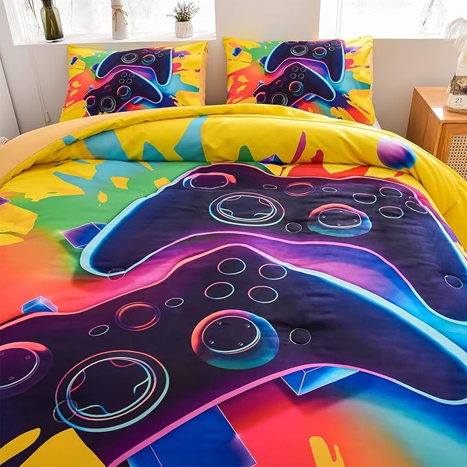 Aimuan Gamer Gaming Bedding Sets 3D Gamepad Comforter Sets for Boys Games Console Action Buttons Novelty Colorful Game Controller Modern Room Decor Home Quilt Set (Queen, Yellow)