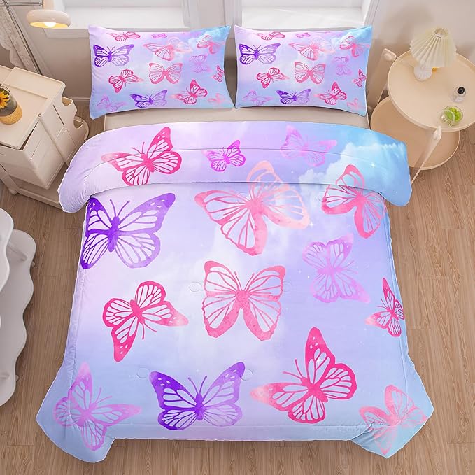 Tailor Shop Butterfly Comforter Sets King Size,Purple Butterfly Bedding Sets for Girls Kids Teens with 2 Pillowcase…