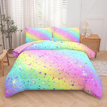 Twin Comforter Set for Girls, Rainbow Comforter Twin, Teen Girl Bedding, Kids Comforter Set for Girls, 5 Pcs Twin Bed in a Bag with 1 Comforter, 1 Flat Sheet, 1 Fitted Sheet and 2 Pillowcases