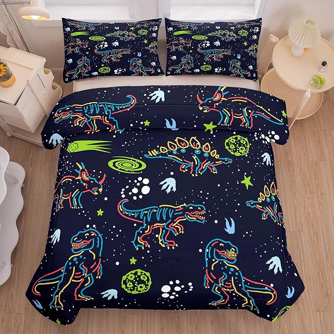 NINENINE Dark Blue Dinosaur Bedding Sets for Kids Boys,Retro Dinosaur Bedding Comforter,Full Size Bedding Sets for Boys Kids, with 1 Comforter 2 Pillowcases…