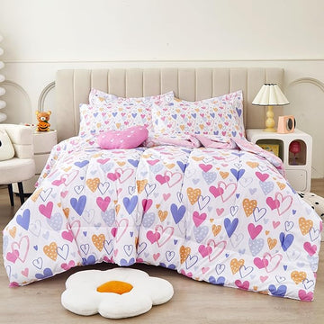 Mooreeke Twin Size Comforter Sets for Girls Kids, 6 Pieces Bed in a Bag Pink Heart Bedding Comforter Sheet Set with Shams and Decorative Toy Pillow, Ultral Soft Microfiber Kids Bed Set