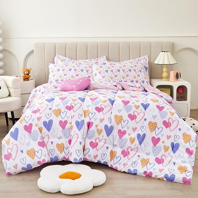 Mooreeke Twin Size Comforter Sets for Girls Kids, 6 Pieces Bed in a Bag Pink Heart Bedding Comforter Sheet Set with Shams and Decorative Toy Pillow, Ultral Soft Microfiber Kids Bed Set
