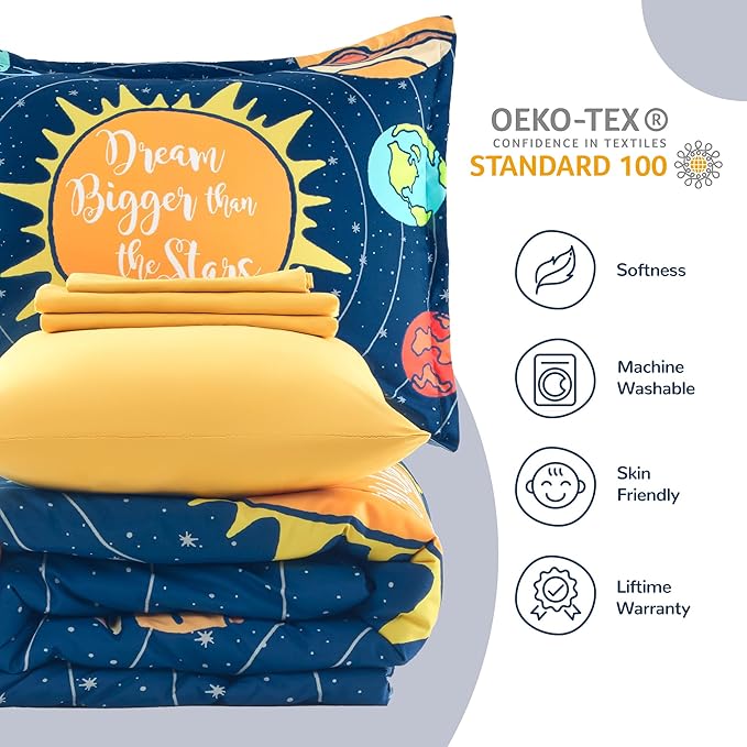 SLEEP ZONE 5 Pieces Bedding Super Soft Comforther Set, Soft Lightweight Bed in a Bag, Durable Children Bed Set, Easy Care, All Season (Solar System, Twin)